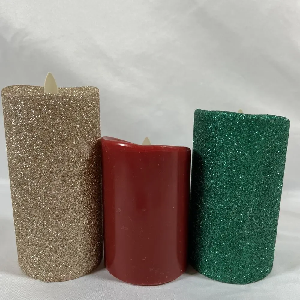 Lot of 3 Luminara Candles Christmas Gold Green Glitter Red Remote 4-10hr Timer